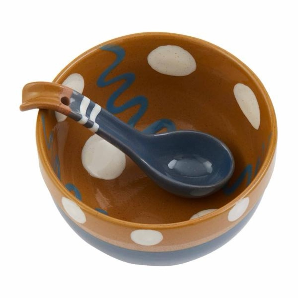 NWT Blue & Yellow Polka Dot Ceramic Salsa Bowl Set with Spoon